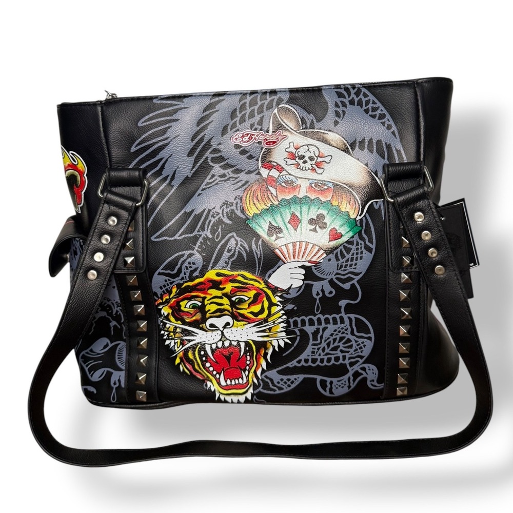 Ed Hardy Studded Tote Bag Black Tattoo Art McBling Grunge Y2K NEW